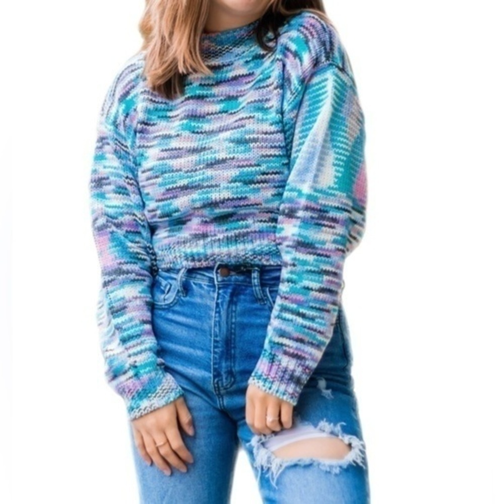 Cropped Multicolor Crewneck Sweater - Turquoise & Lavender